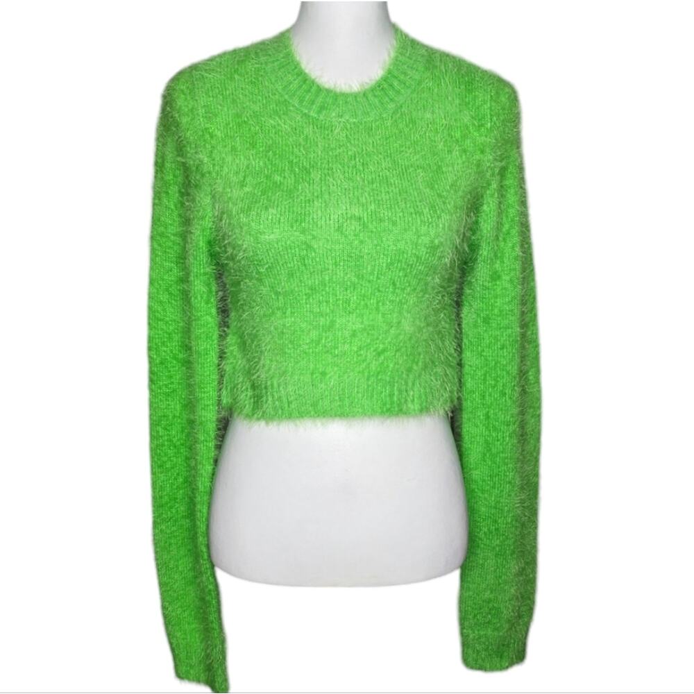Show Me your MuMu Cropped Varsity Sweater Bright Green Fuzzy Size XS‎